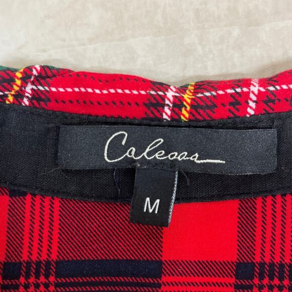 Calessa Red Patchwork Plaid Embroidered Button Front Top Medium Artsy Holiday - Picture 4 of 10